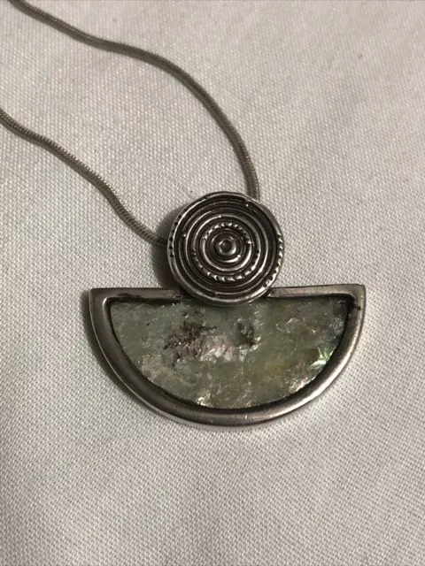 Ancient Roman Glass Pendant In Sterling Silver With 24” Sterling Silver Necklace