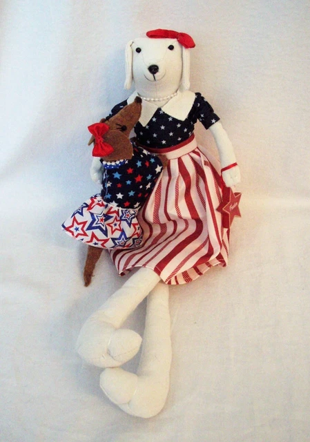 Dachshund Red Brown Felt Sculpture w/ Summer Patriotic Girl Dog Shelf sitter