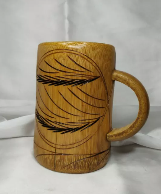 Bamboo Hand Carved Jamaica Beer Mug Cup Tiki Bar Etched Leaves