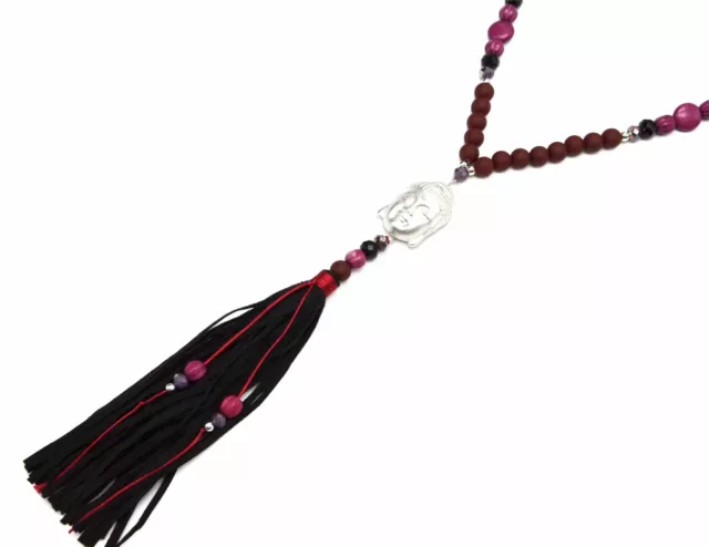 CL1701F - Sautoir Collier Perles et Pierres Framboise avec Bouddha Métal Arge...