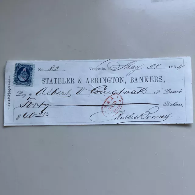 Virginia City Nevada Territorial Check From 1864