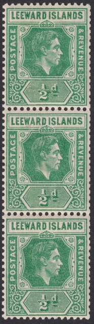 Leeward Islands 1938 KGVI ½d Green Coil Vertical Strip of 3 Mint SG96