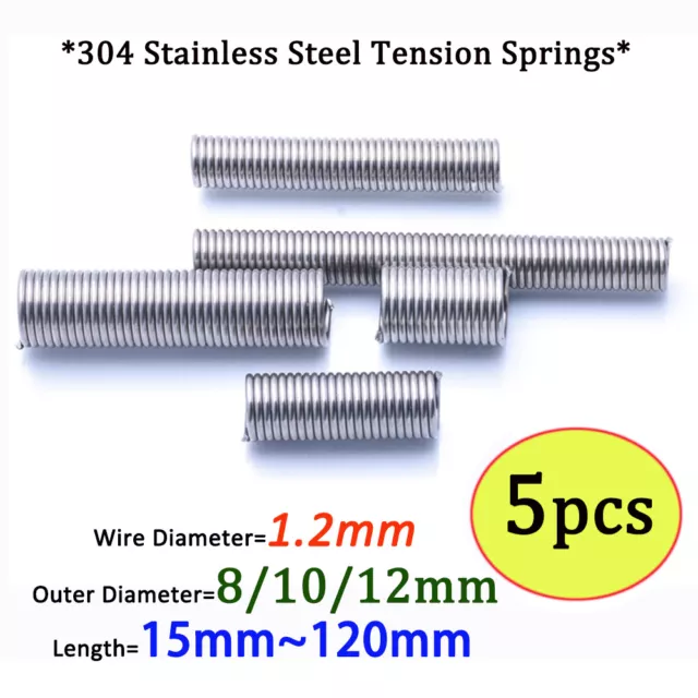 5PCS Stainless Steel Tension Spring 1.2mm Wire Extension Spring Length 15~120mm