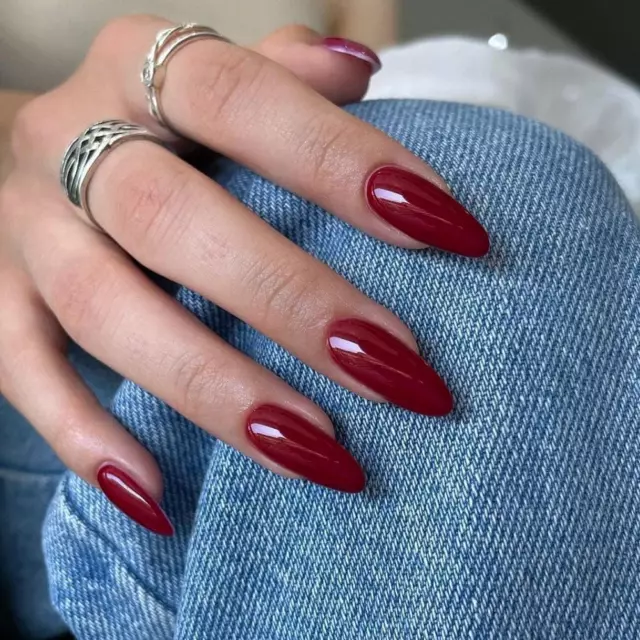 Wine Red Press on Nails Almond Shaped Nails, Medium Fake Nails Short Almond,Acry