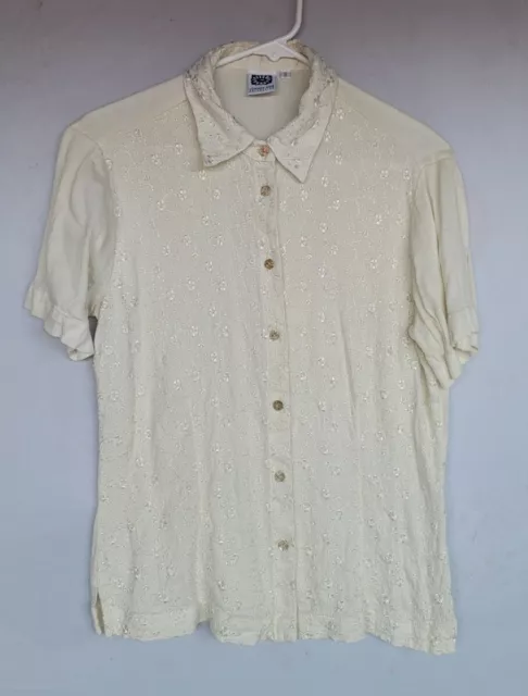 Johnny Was Collection Womens Shirt Top Embroidered Flowers Cream S y2k 0018