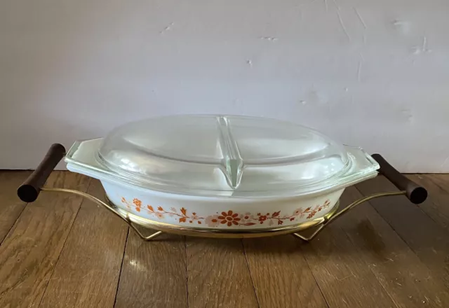 Vintage Pyrex Orange Floral Casserole w/ Holder & Lid 1965 Promotional #063