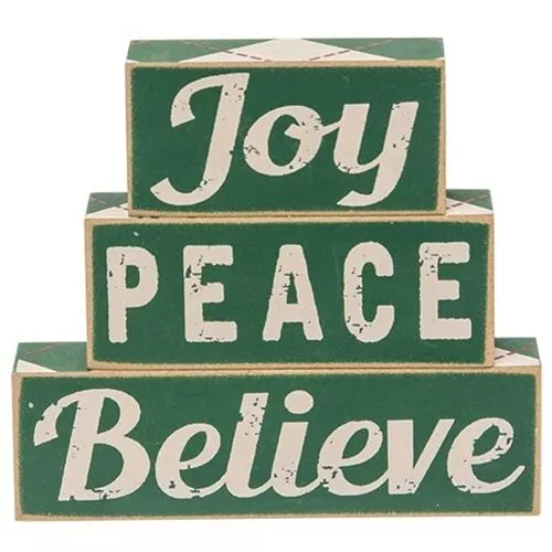 Green Plaid Joy Believe Peace Stackers - 3 Piece Set of Wooden Signs 4.5"x5"