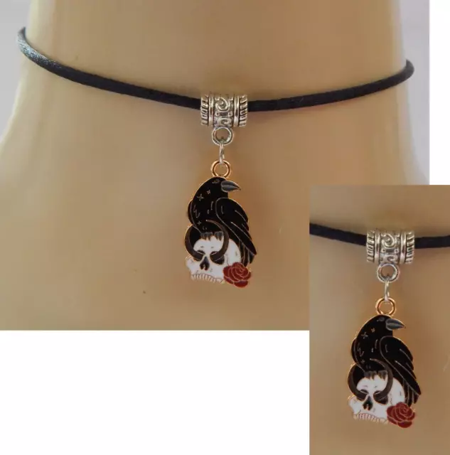 Raven & Skull Choker Necklace Chain Black Silver Pendant Jewelry Handmade