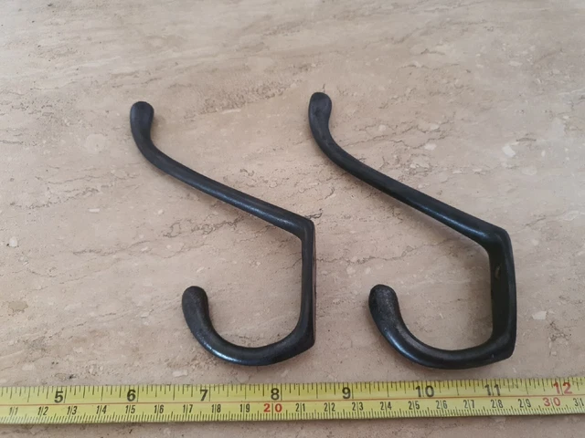 2 Antique Cast Iron Double Coat Hooks Victorian Original Reclaimed Vintage