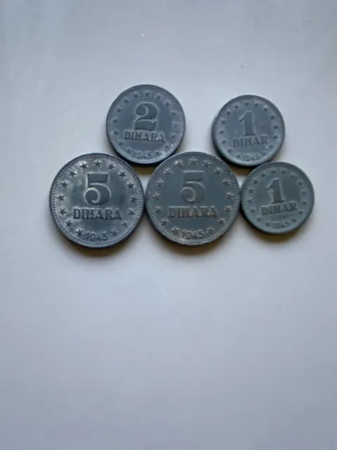 YUGOSLAVIA COIN SET 2X 1, 1X 2, 2X 5 DINARA, all 1945
