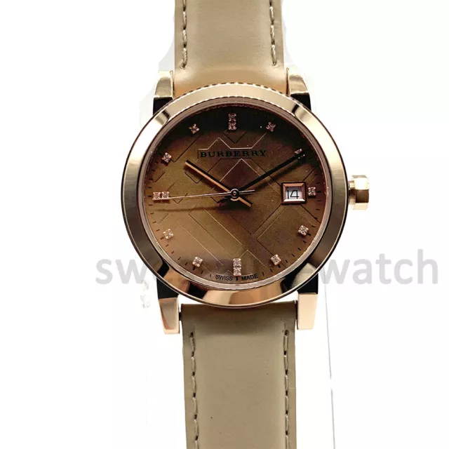 BURBERRY BU9131 Women's Watch Calfskin Leather Band Rose Check Stamped Dial