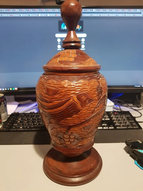 Vintage Wooden Hand Carved Lidded Pedestal Urns Jar 37cm tall Floral & Bird