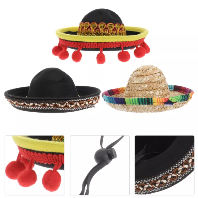 3x Sombrero Hüte mit verstellbarem String - Tropisch-mexikanische Kopfbedeckung