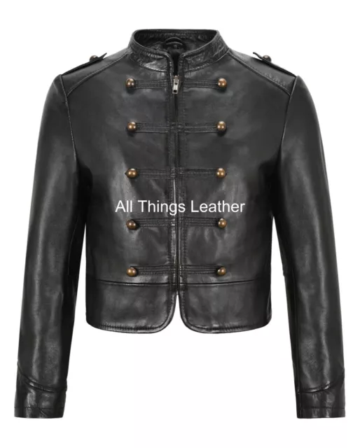 Ladies Real Leather Studded Jacket Military Style Black Leather Fashion Jacket