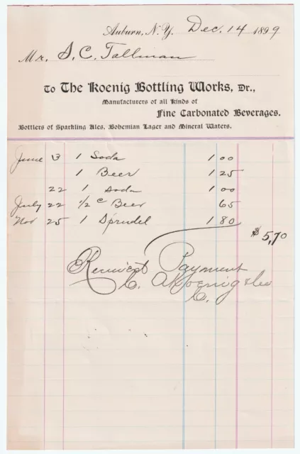 RARE Billhead  CA Koenig Brewing Company - Lager Beer - 1899 Auburn NY Syracuse