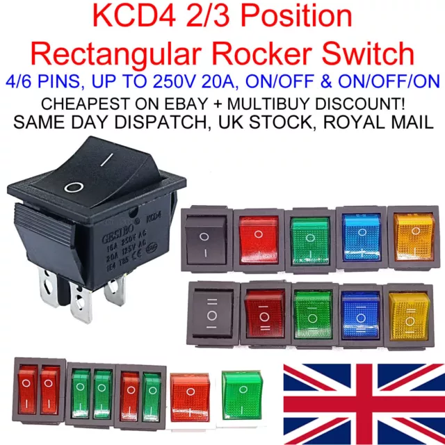 KCD4 2/3 Position Rectangular Rocker Switch 4/6 Pin 250V 16A ON OFF