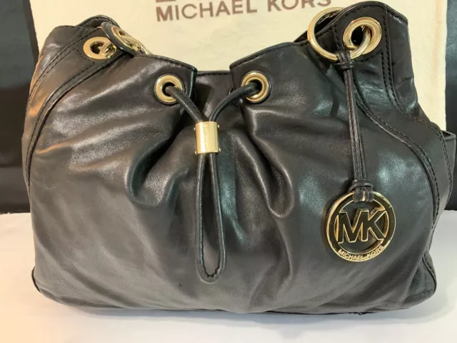 Michael Kors Ludlow SOFT Black Leather Pleated Drawstring Hobo Handbag Purse