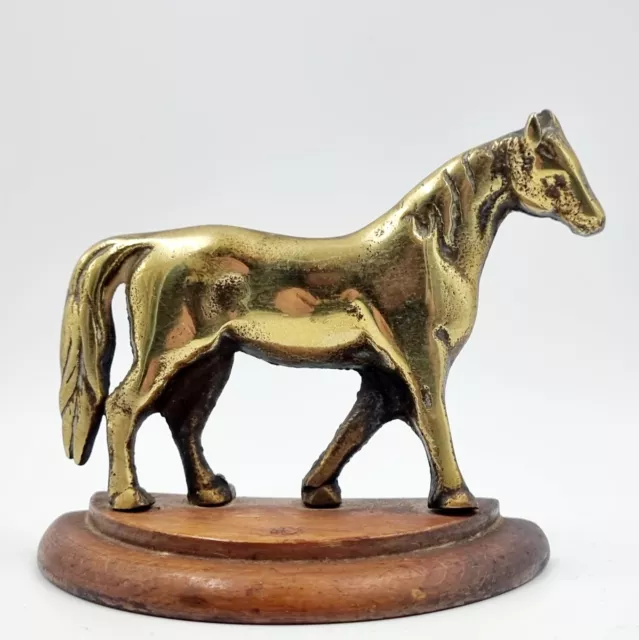 Vintage Decorative Cast Brass Horse Ornament Figurine On Wood Stand 4" Tall