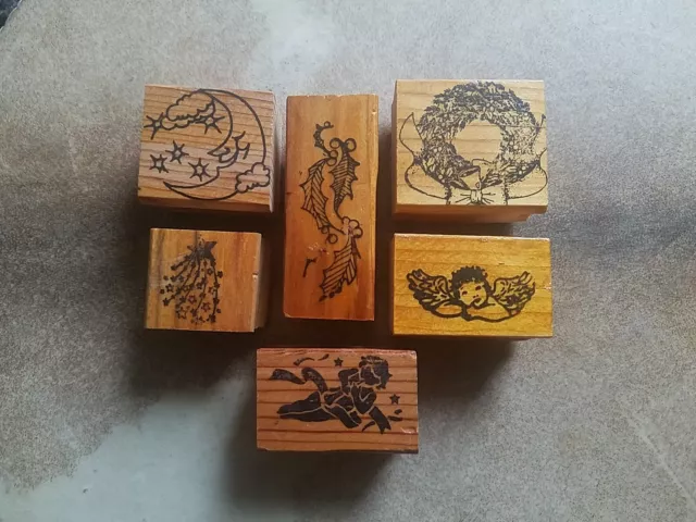 Vtg Wood Mounted Rubber Stamp Lot of 6 Wreath Holly Angel Moon Stars Unbranded