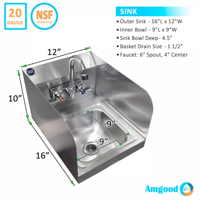 12 X 16 Wall Mounted Hand Sink with Gooseneck Faucet and Side Splash