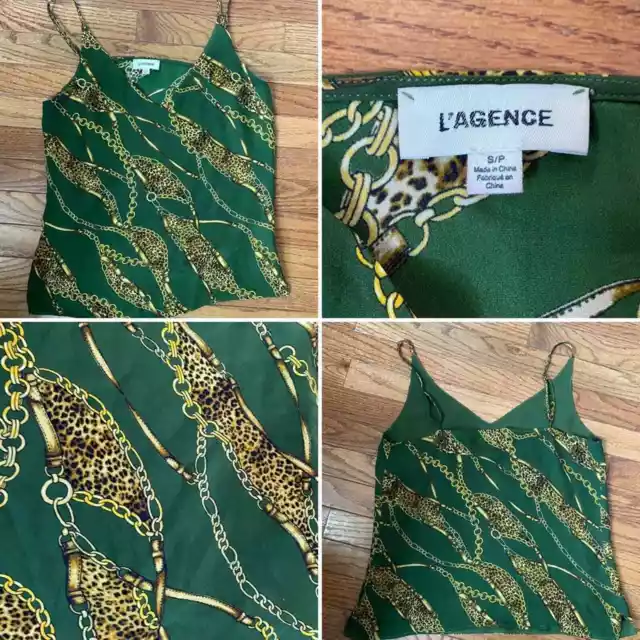 L’Agence $230 Silk Jane Cami Leopard Chain Print Tank Top Olive Green Small