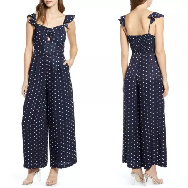 NEW LEITH Navy & White POLKA DOT Peacock RUFFLE STRAP Wide Leg JUMPSUIT S