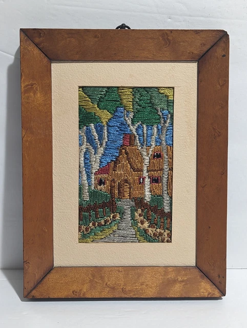Vntg Silk Thread Crewel Embroidery Handmade Small Farmhouse Wall Art Wood Frame