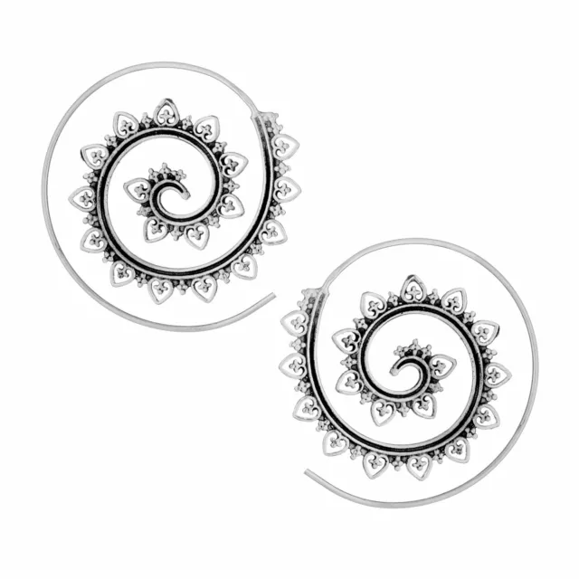 Threader Earrings 925 Silver Lotus Dot Work Mandala Spiral Wire - 81stgeneration