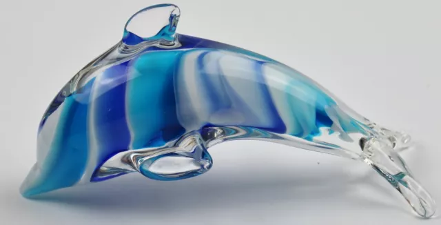 Murano Style Art Glass Hand Blown Cresting Dolphin Blue & White Swirl Figurine