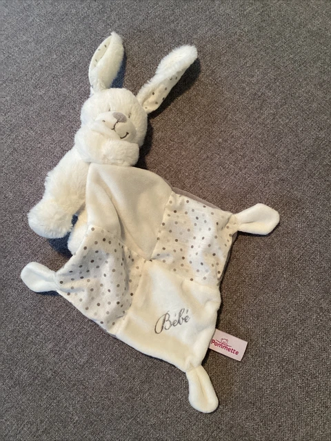 O/ doudou pommette lapin plat blanc gris mouchoir pois bébé