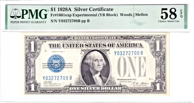 1928-A $1 Silver Certificate Experimental YB Block PMG 58EPQ #Y03272708B