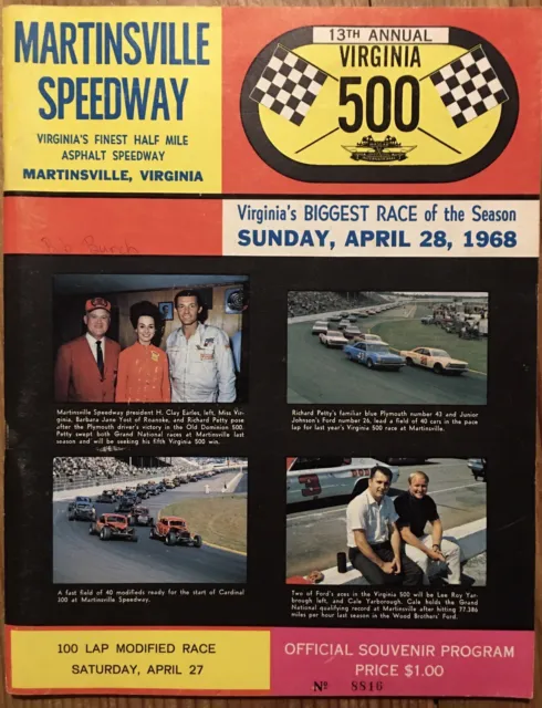 Martinsville Virginia 500 April 1968 Program Lineup Yarborough #21 Wins NASCAR