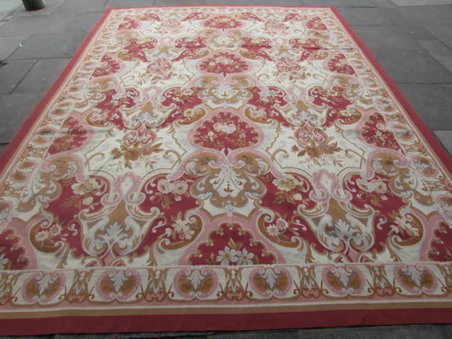 Old Hand Made French Design Wool Pink Red Original Aubusson 366X272cm 12x9