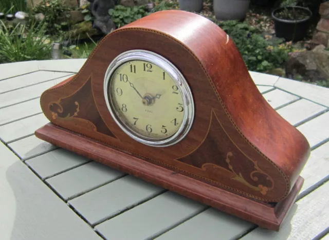 Edwardian Mahogany Marquetry Mantel Clock with Later Quartz Movement