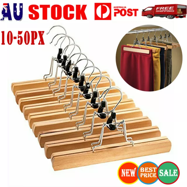 10X Wooden Pant Hanger With Clips Non Slip For Slack Skirt Work Trousers Jean AU