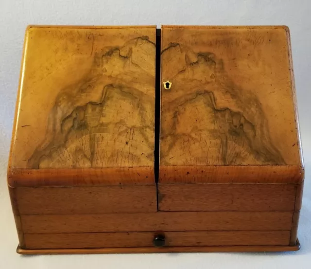 19th Century English Victorian Stationary Box Slant Lids Burl & Oak Dovetailed