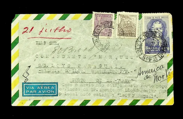 SEPHIL BRAZIL 1952 3v ON AIRMAIL COVER VIA N/T "LOIDE PARAGUAI" TO NEW YORK USA