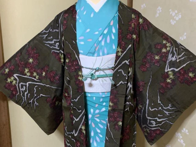 Antique Long Coat Kimono Meisen Haori String Pure Silk Lining Pongee Height 94 3