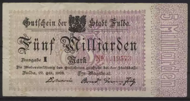 [22910] - NOTGELD FULDA, Stadt, 5 Milliarden Mark, 27.10.1923, Keller 1661o, geb