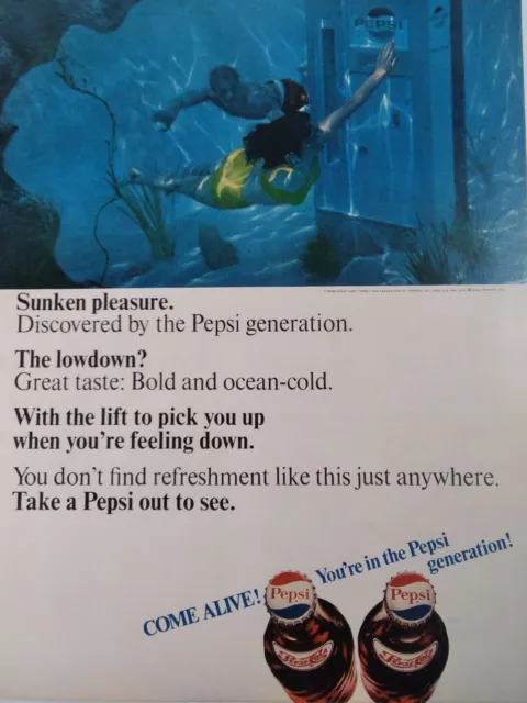 Pepsi Cola Print Ad Original Rare Vtg 1960s Underwater Divers Bikini Generation