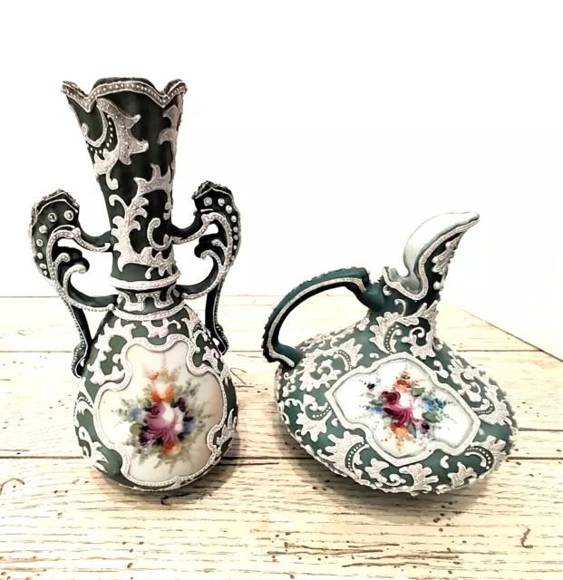 2 Antique Nippon Moriage Ewer/Vases Moriage Beaded Porcelain  HP Roses