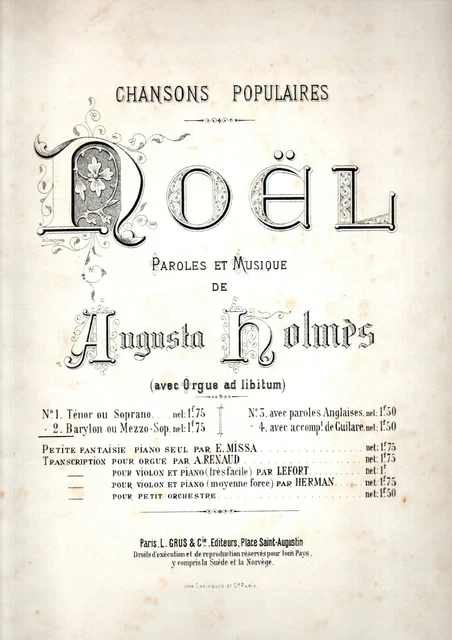 Partition cht pno ou orgue harmonium mezzo-sop. ou bar. - Noël d'Augusta HOLMES
