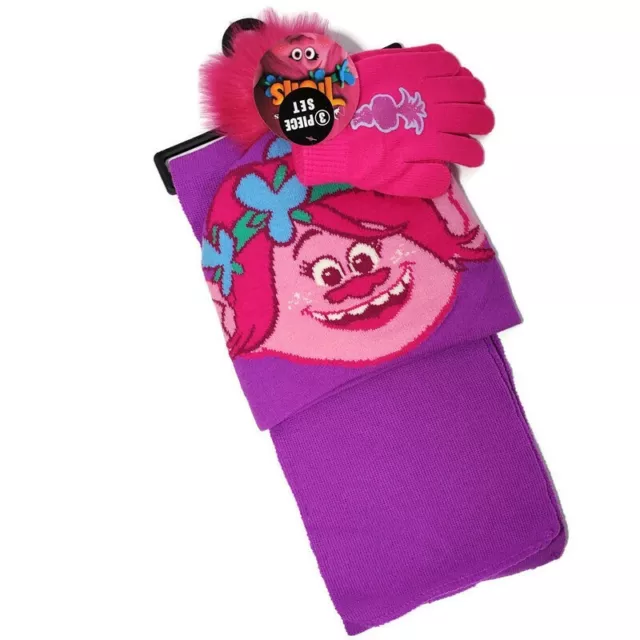 DreamWorks Trolls Hat Scarf Gloves Set Girls Sz 4-6x Poppy 3 Piece Set NWT Gift