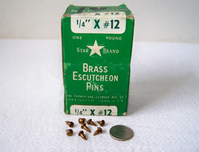 NOS Vintage 1lb. Box Solid Brass TURNER & SEYMOUR (950+pcs) 1/4" Escutcheon Pins