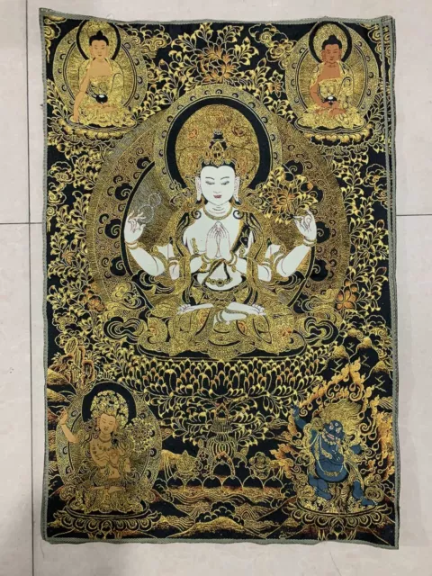 36" Tibet Tibetan Cloth Silk Buddhism 4 Arms Guanyin Buddha Tangka Thangka Mural