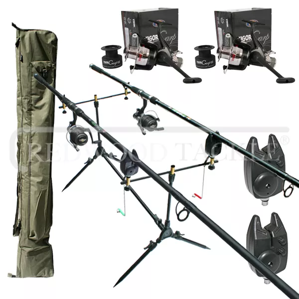 Carp Fishing set up 2 Rods Reels Bite Alarms Holdall Rod Pod