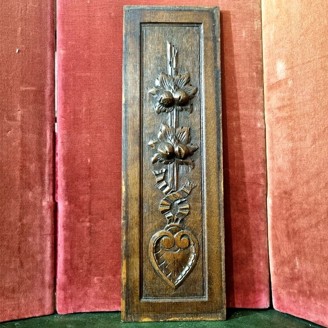 Scroll ribbon love heart wood carving panel Antique French architectural salvage