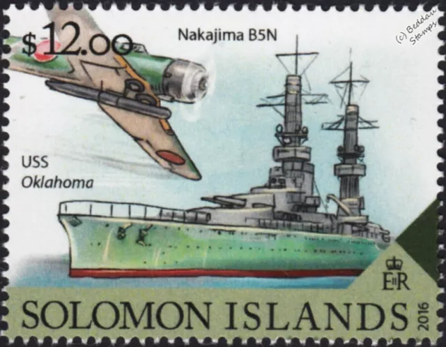 WWII 1941 Pearl Harbor: USS OKLAHOMA Warship & IJN Nakajima B5N Aircraft Stamp