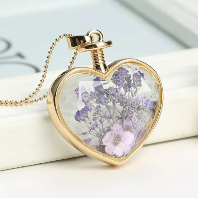 Natural Real Dried Flower Resin Glass Locket Heart Pendant Necklace Jewelry New 3