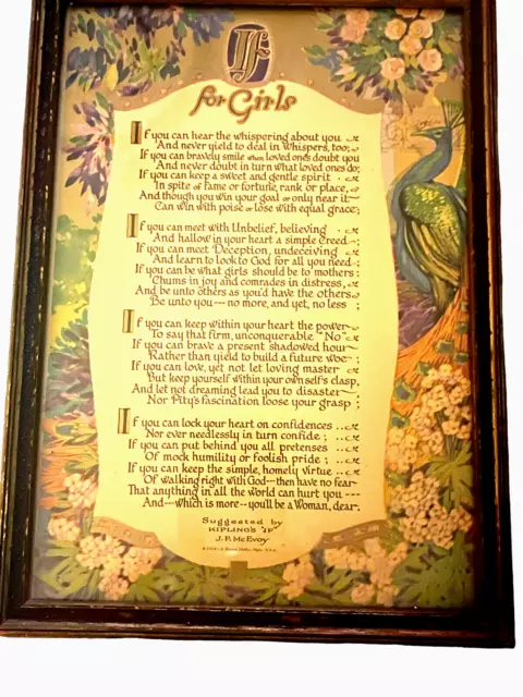Art Deco Motto Print 1924 "For Girls" Framed J.P. McEvoy Poem Peacock In Garden